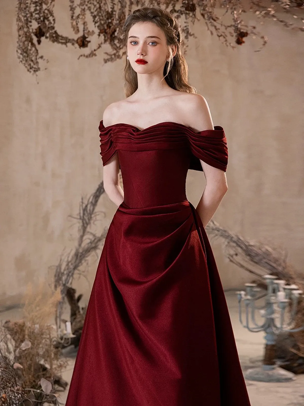 Wine Red Off Shoulder Satin A-line Long Prom Dress, Wine Red Party Dress