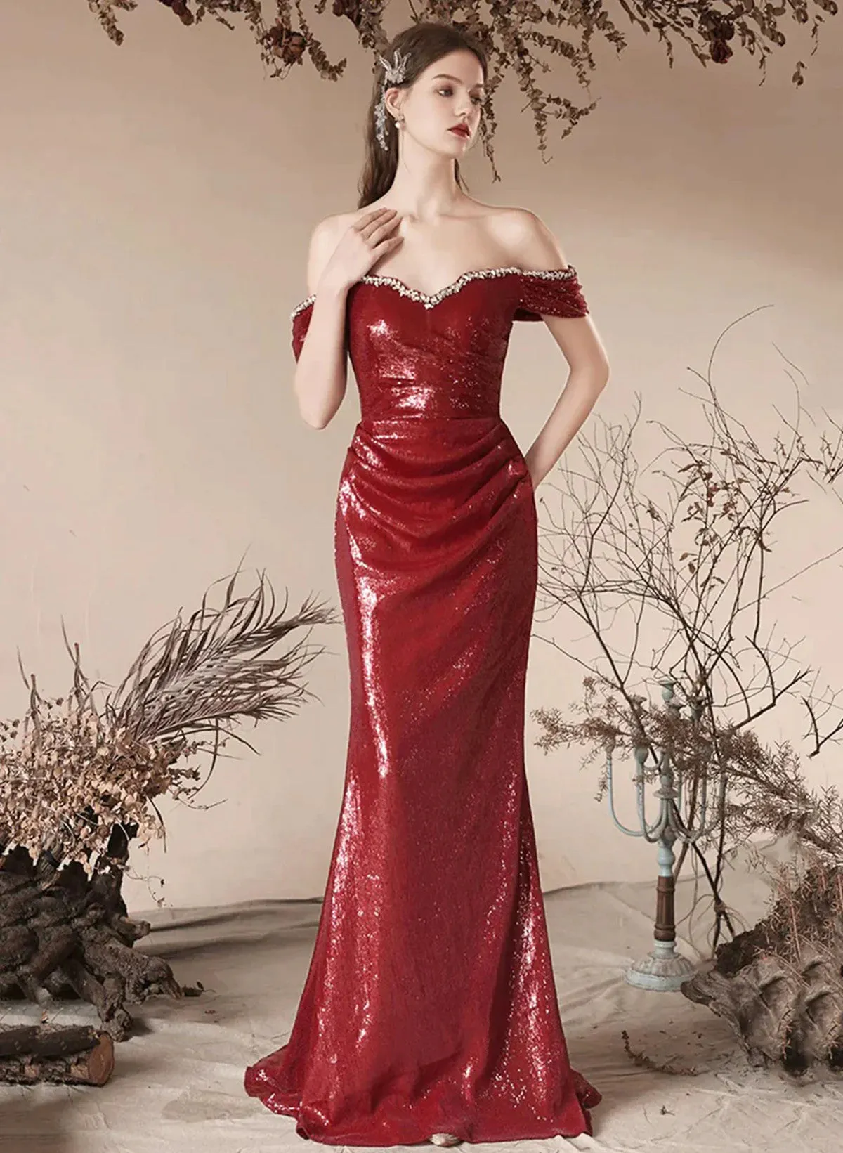 Wine Red Sequins Mermaid Long Party Dress, Wine Red Sequins Evening Dress