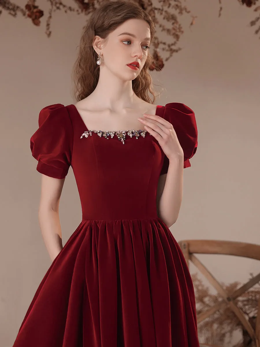 Wine Red Short Sleeves Velvet Long Party Dress, A-line Wine Red Formal Dress