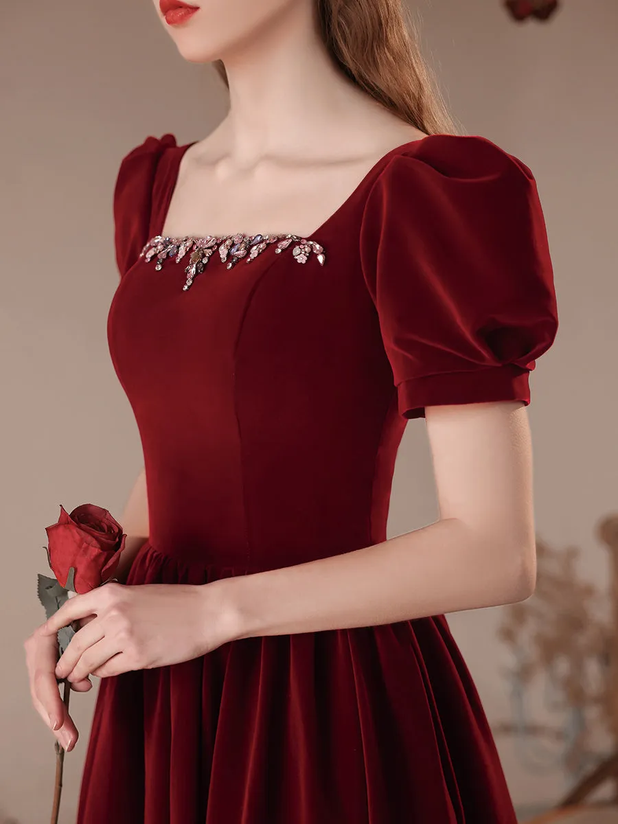 Wine Red Short Sleeves Velvet Long Party Dress, A-line Wine Red Formal Dress