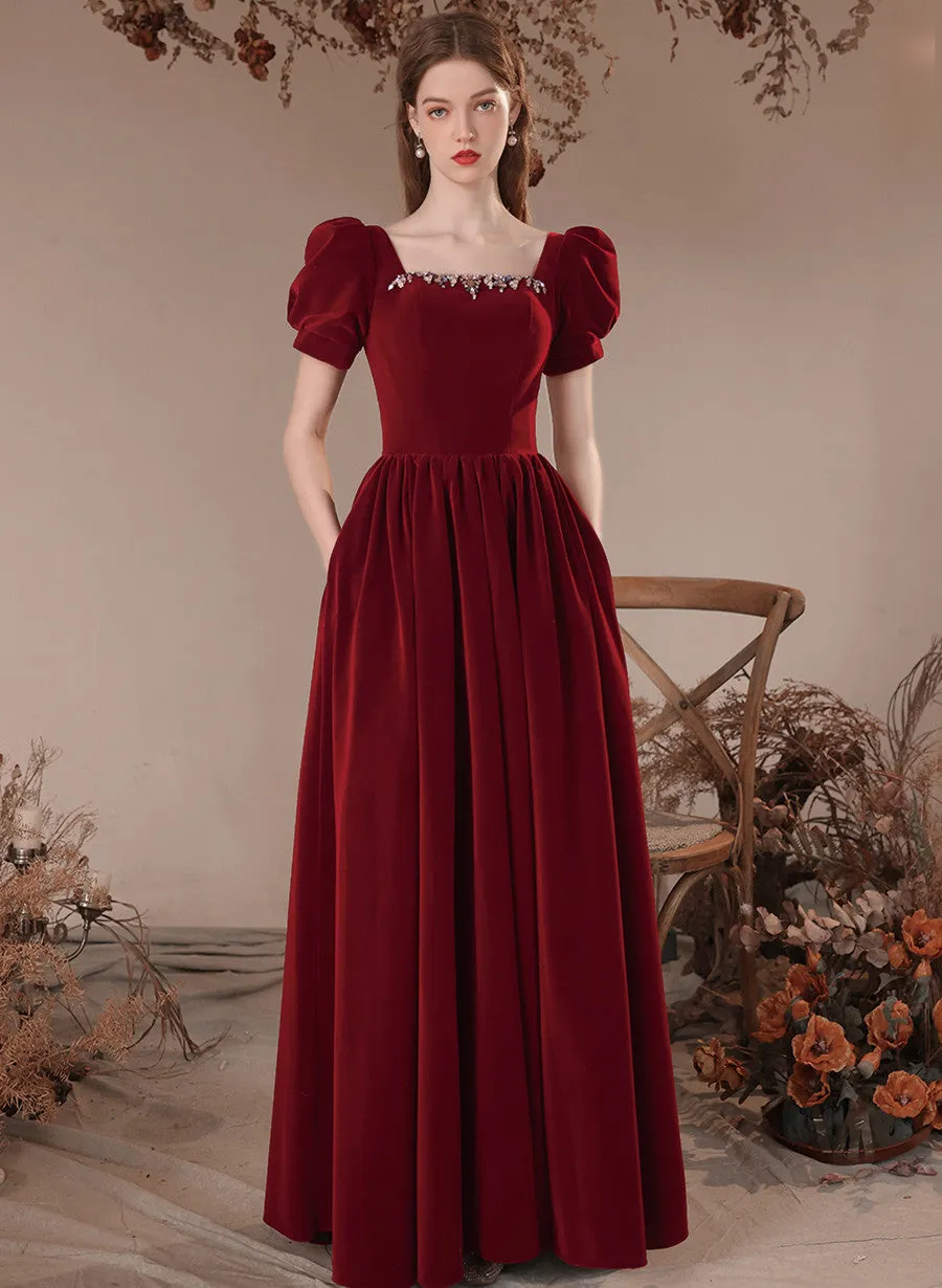 Wine Red Short Sleeves Velvet Long Party Dress, A-line Wine Red Formal Dress