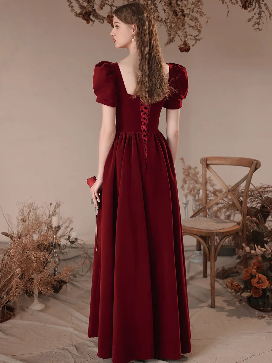 Wine Red Short Sleeves Velvet Long Party Dress, A-line Wine Red Formal Dress