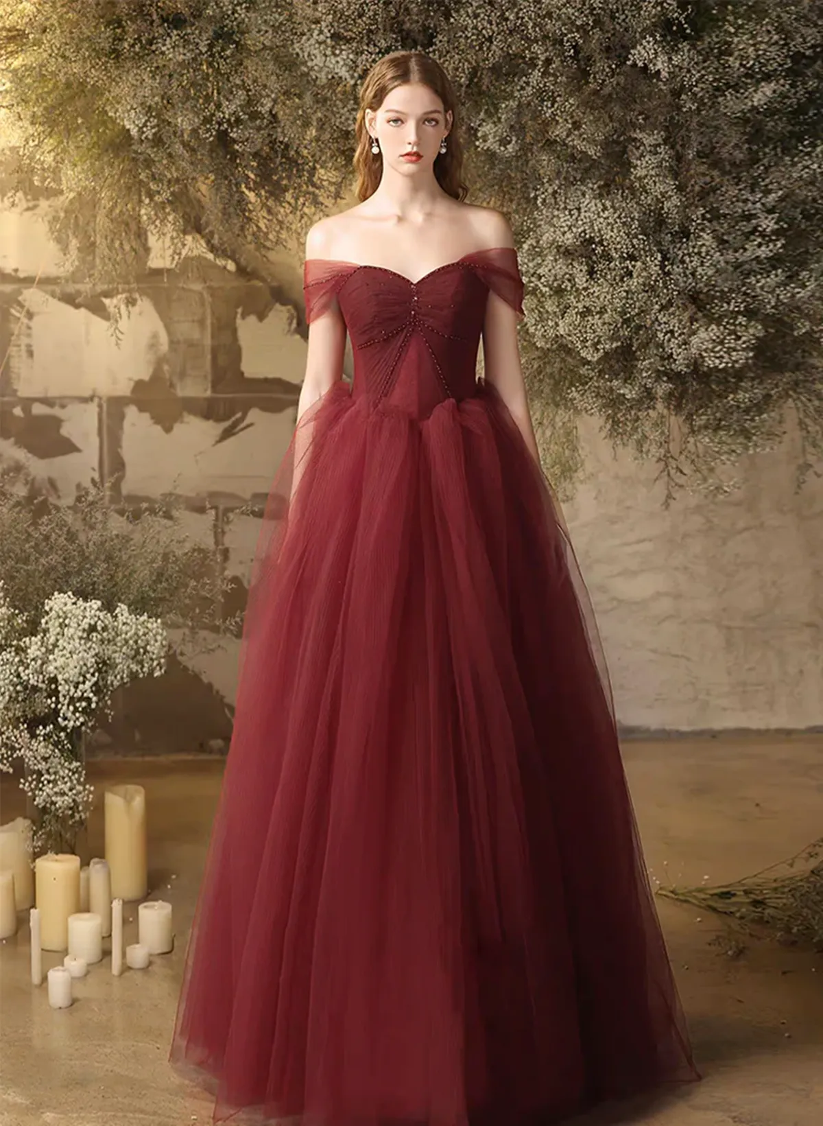 Wine Red Sweetheart Beaded Tulle Long Formal Dress, Wine Red Off Shoulder Prom Dress