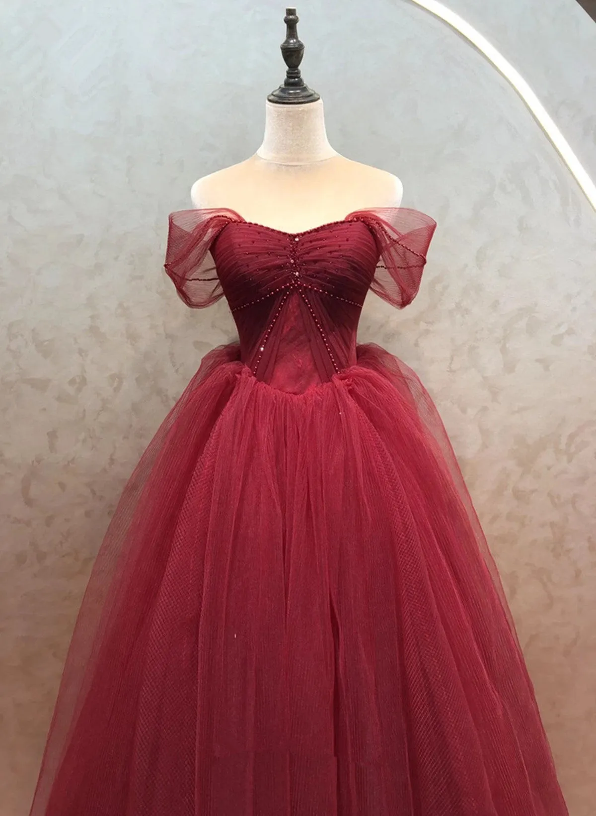 Wine Red Sweetheart Beaded Tulle Long Formal Dress, Wine Red Off Shoulder Prom Dress