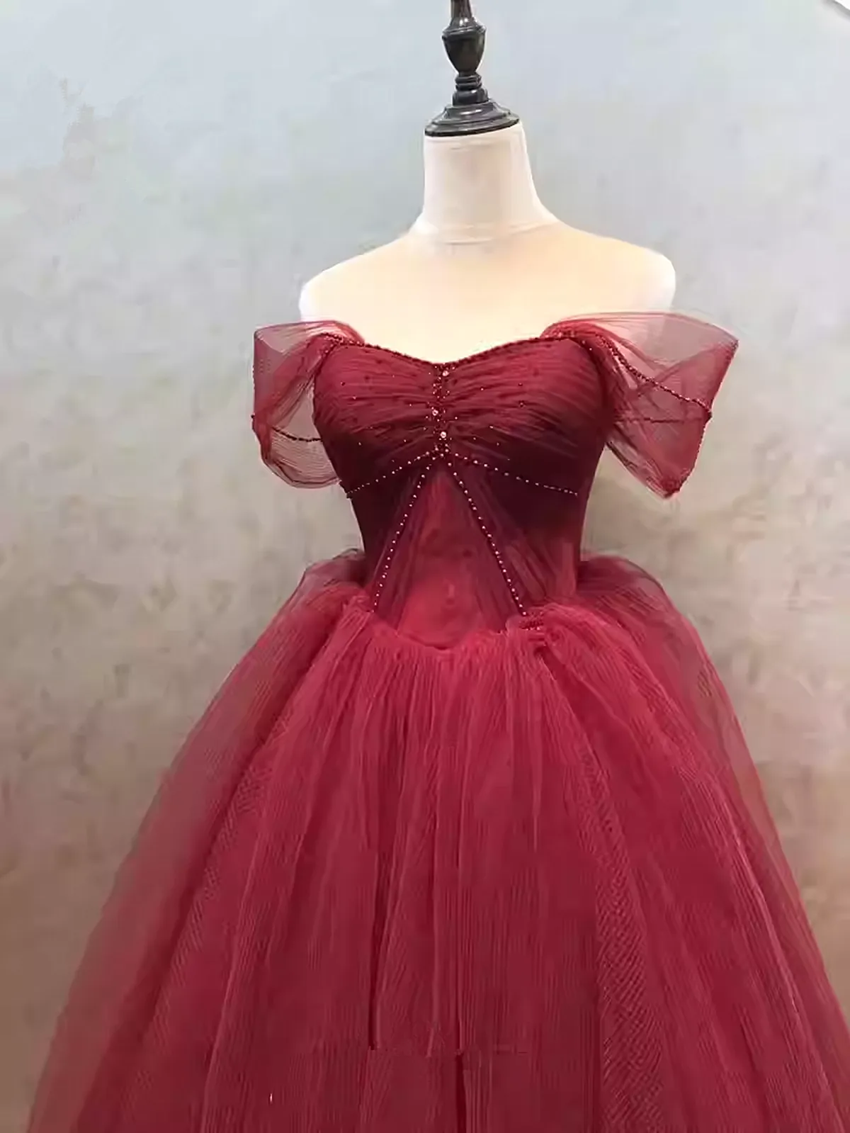 Wine Red Sweetheart Beaded Tulle Long Formal Dress, Wine Red Off Shoulder Prom Dress