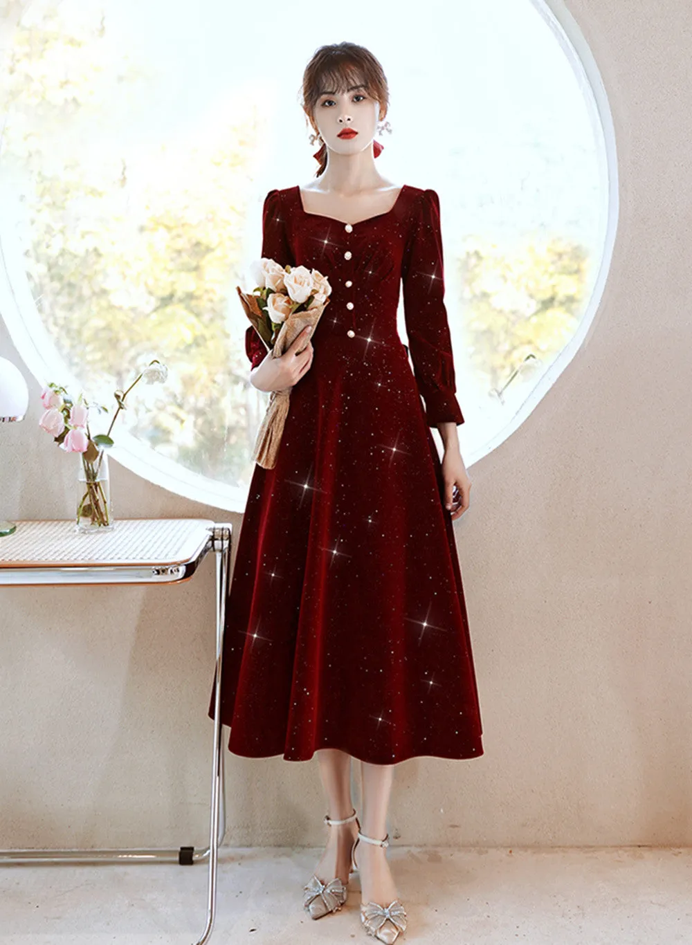 Wine Red Velvet Elegant Tea Length Bridesmaid Dress, Wine Red Homecoming Dress