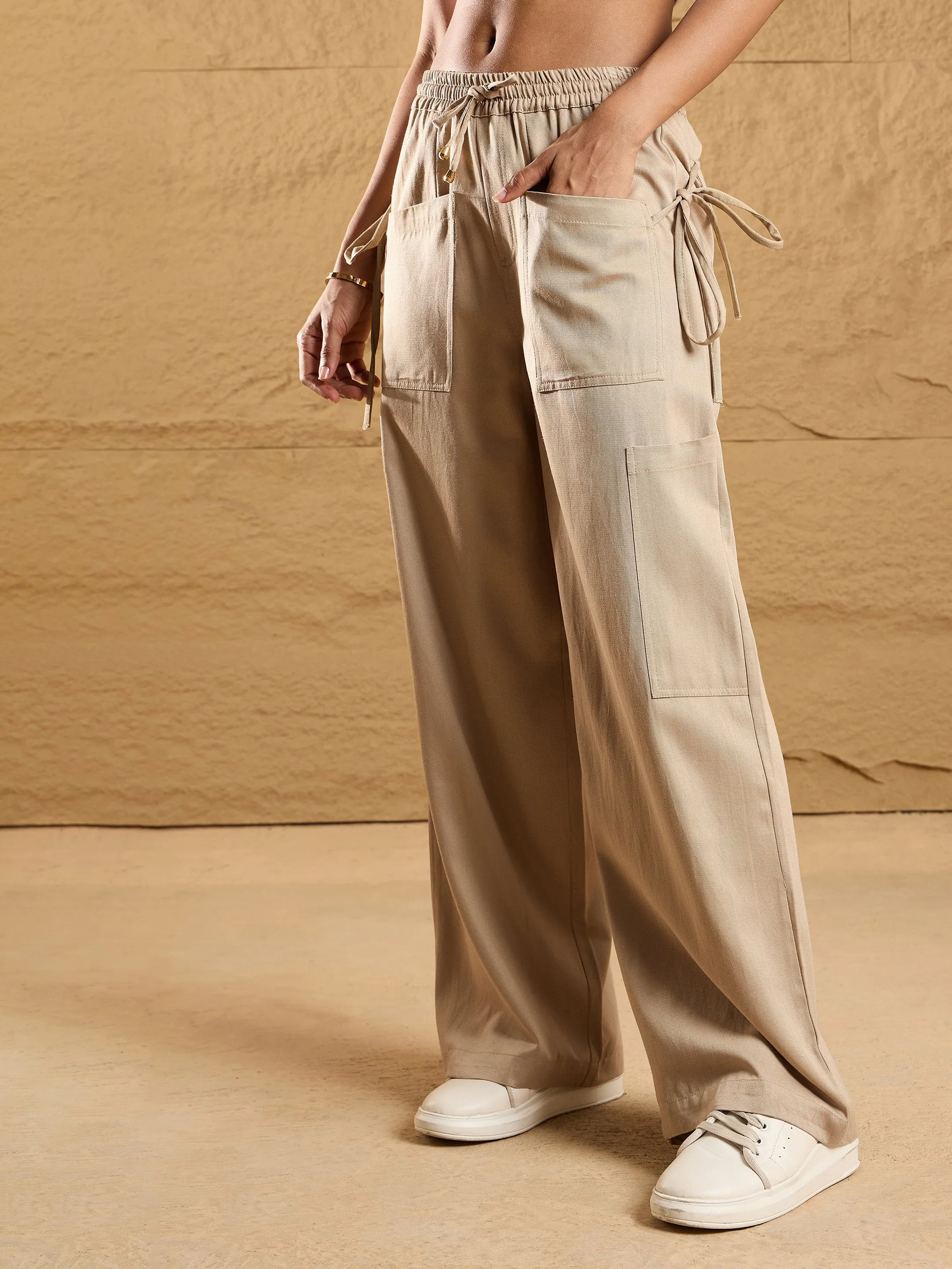 Women Beige Waist Drawstring Cargo Pants