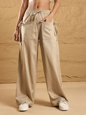 Women Beige Waist Drawstring Cargo Pants