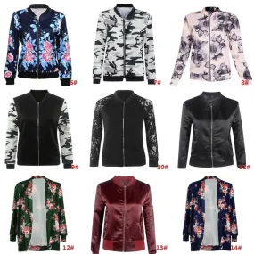 Women Biker Camo Floral Print Bomber Jacket Cool Coat