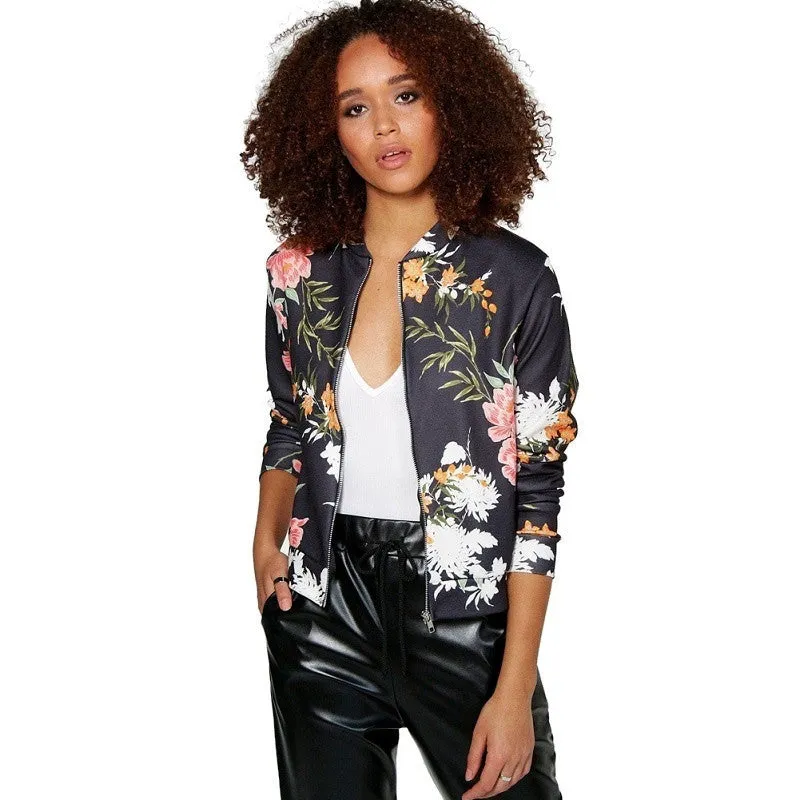 Women Biker Camo Floral Print Bomber Jacket Cool Coat