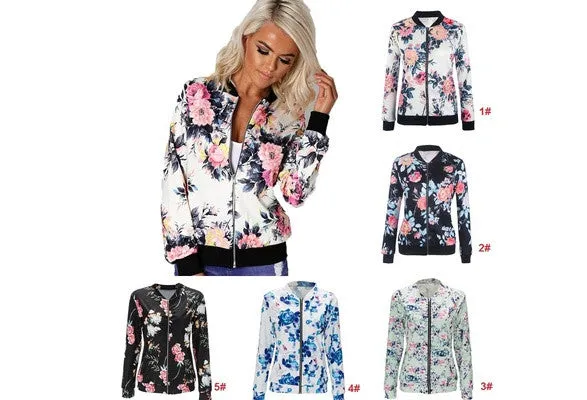 Women Biker Camo Floral Print Bomber Jacket Cool Coat