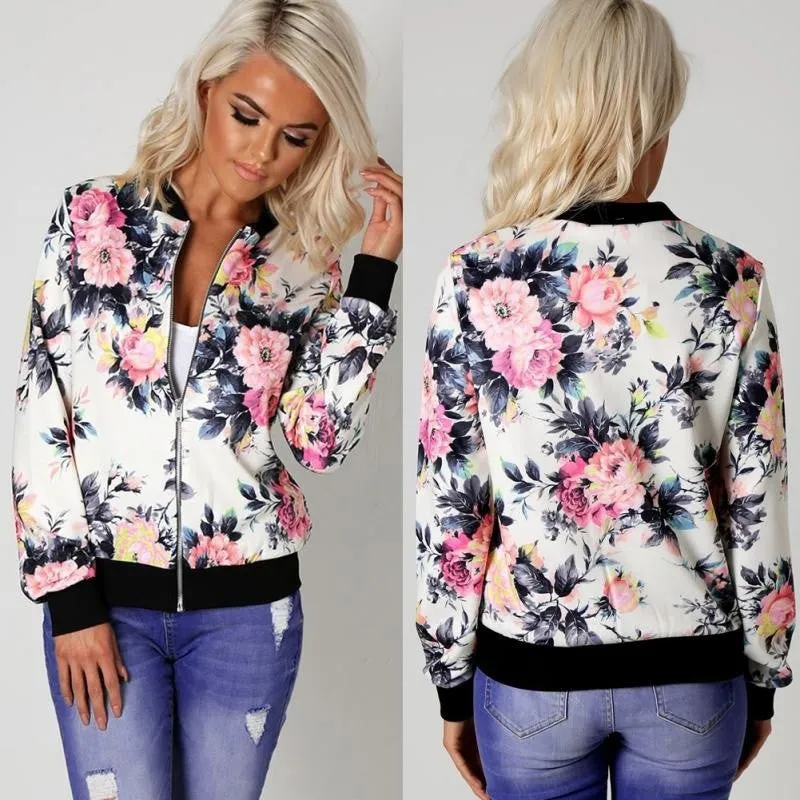 Women Biker Camo Floral Print Bomber Jacket Cool Coat