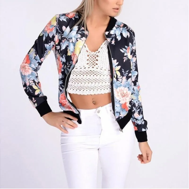 Women Biker Camo Floral Print Bomber Jacket Cool Coat