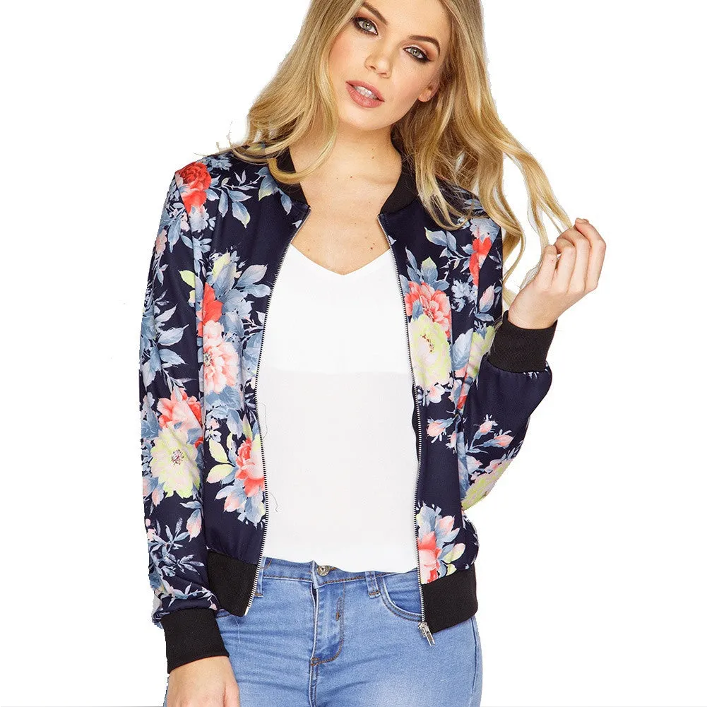 Women Biker Camo Floral Print Bomber Jacket Cool Coat