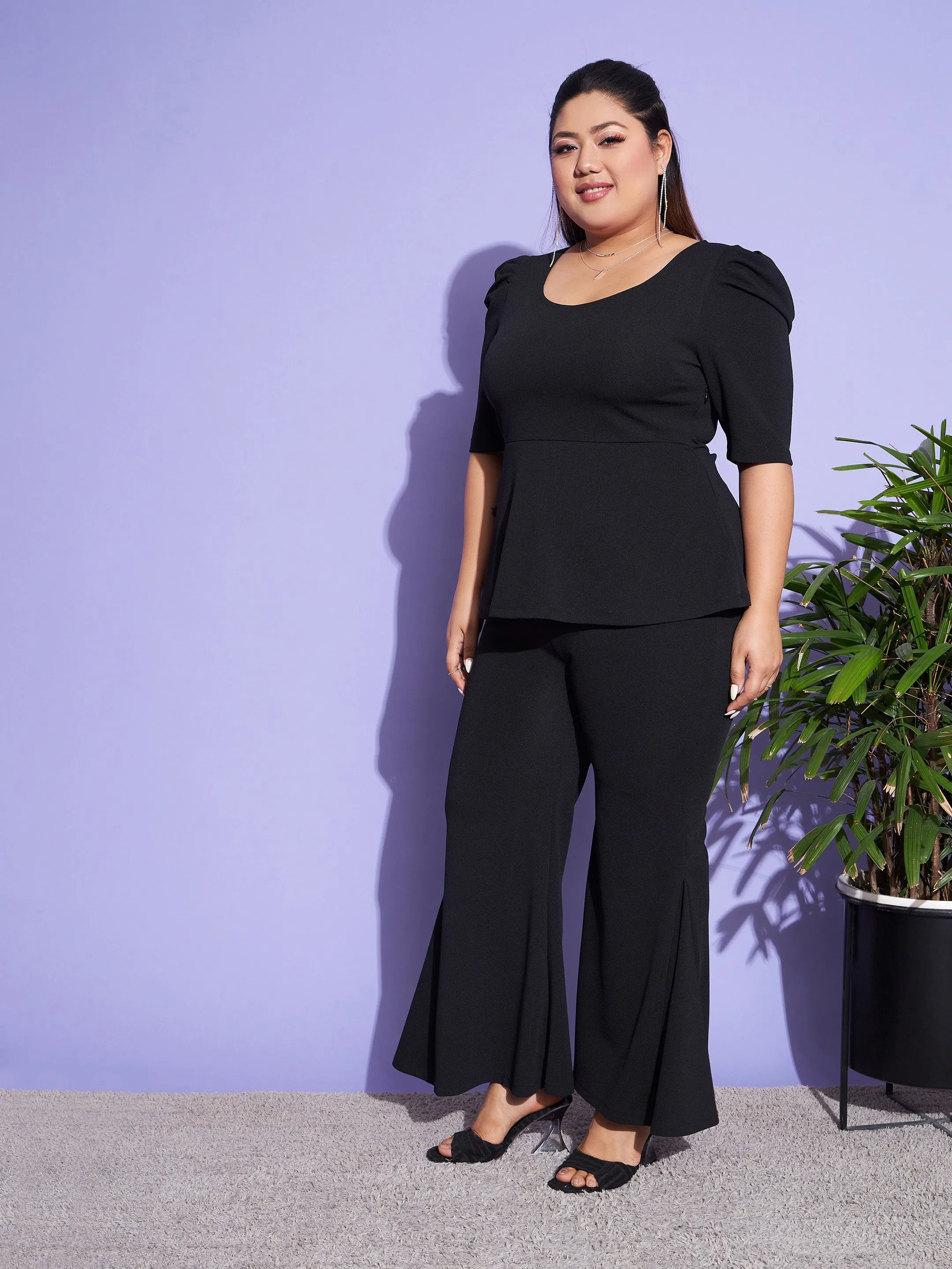 Women Black Peplum Top With Kick Pleats Pants