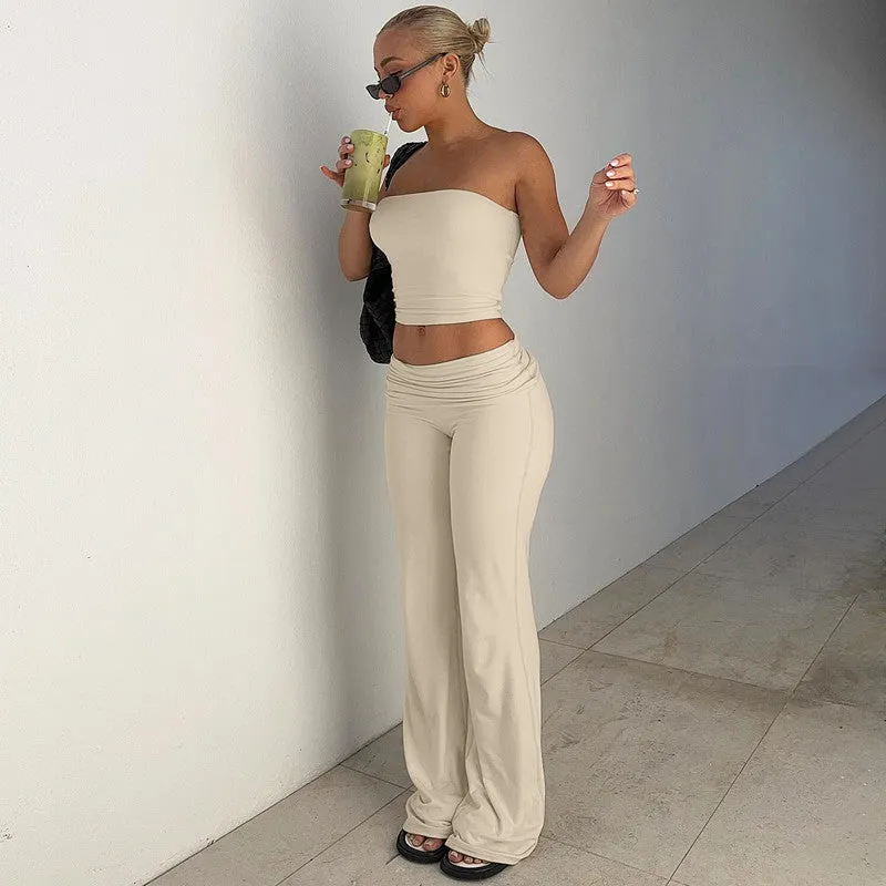 Women Clothing Autumn Solid Color Tube Top Top Flared Pants Slim Fit Suit Women