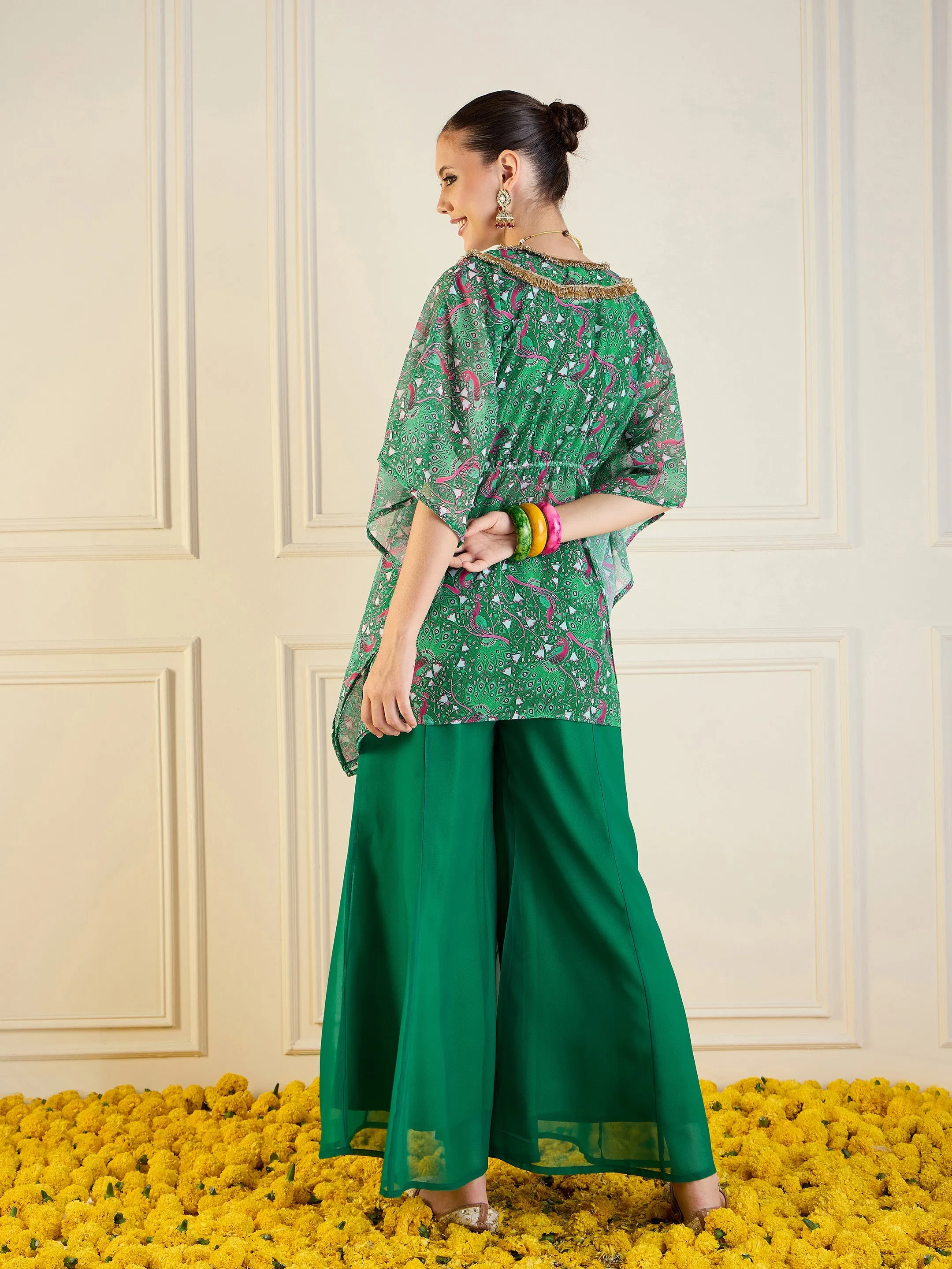 Women Green Printed Cape With Flared Pants & Crop Top