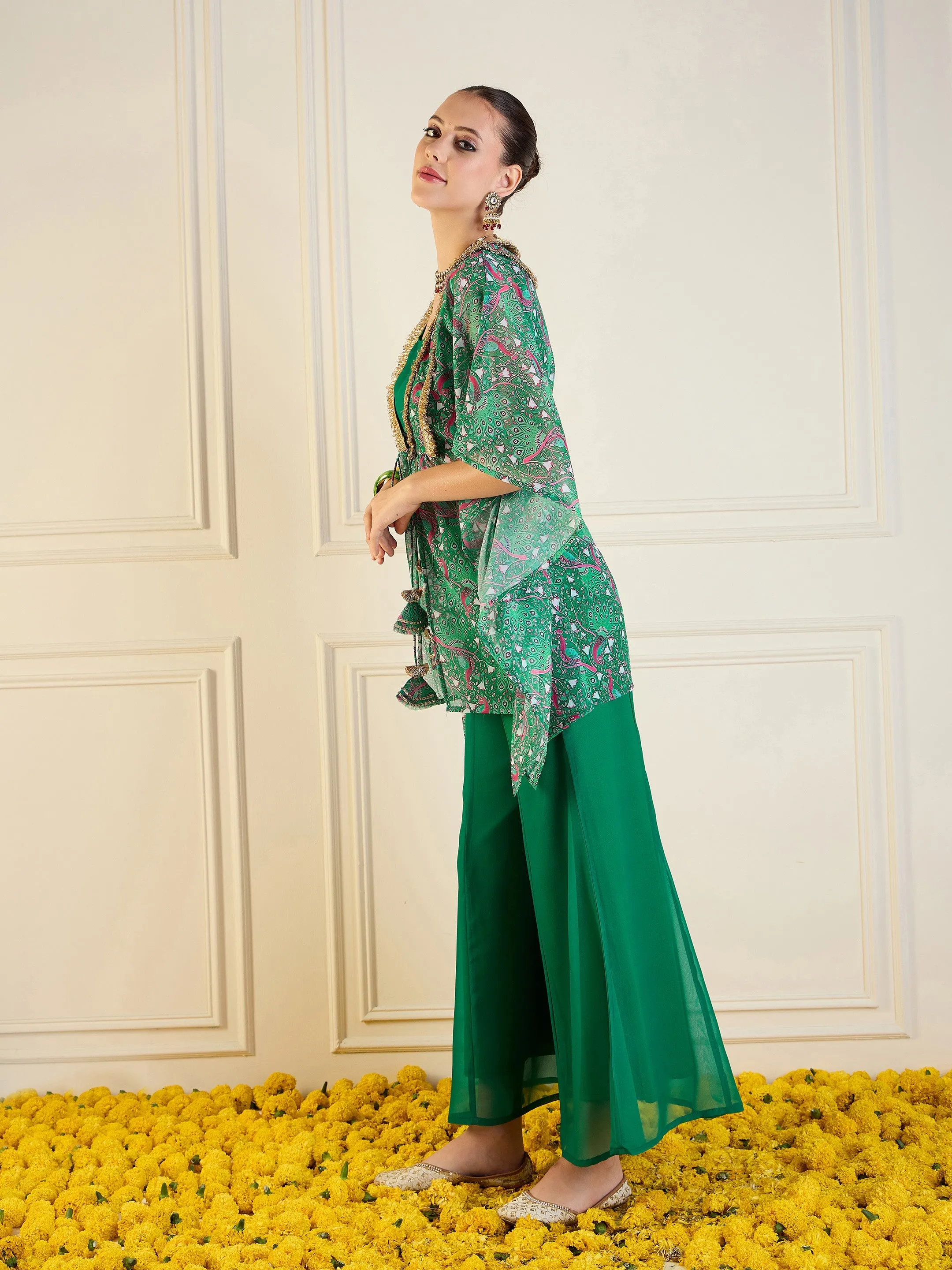 Women Green Printed Cape With Flared Pants & Crop Top