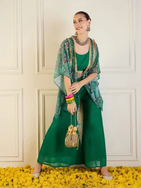 Women Green Printed Cape With Flared Pants & Crop Top