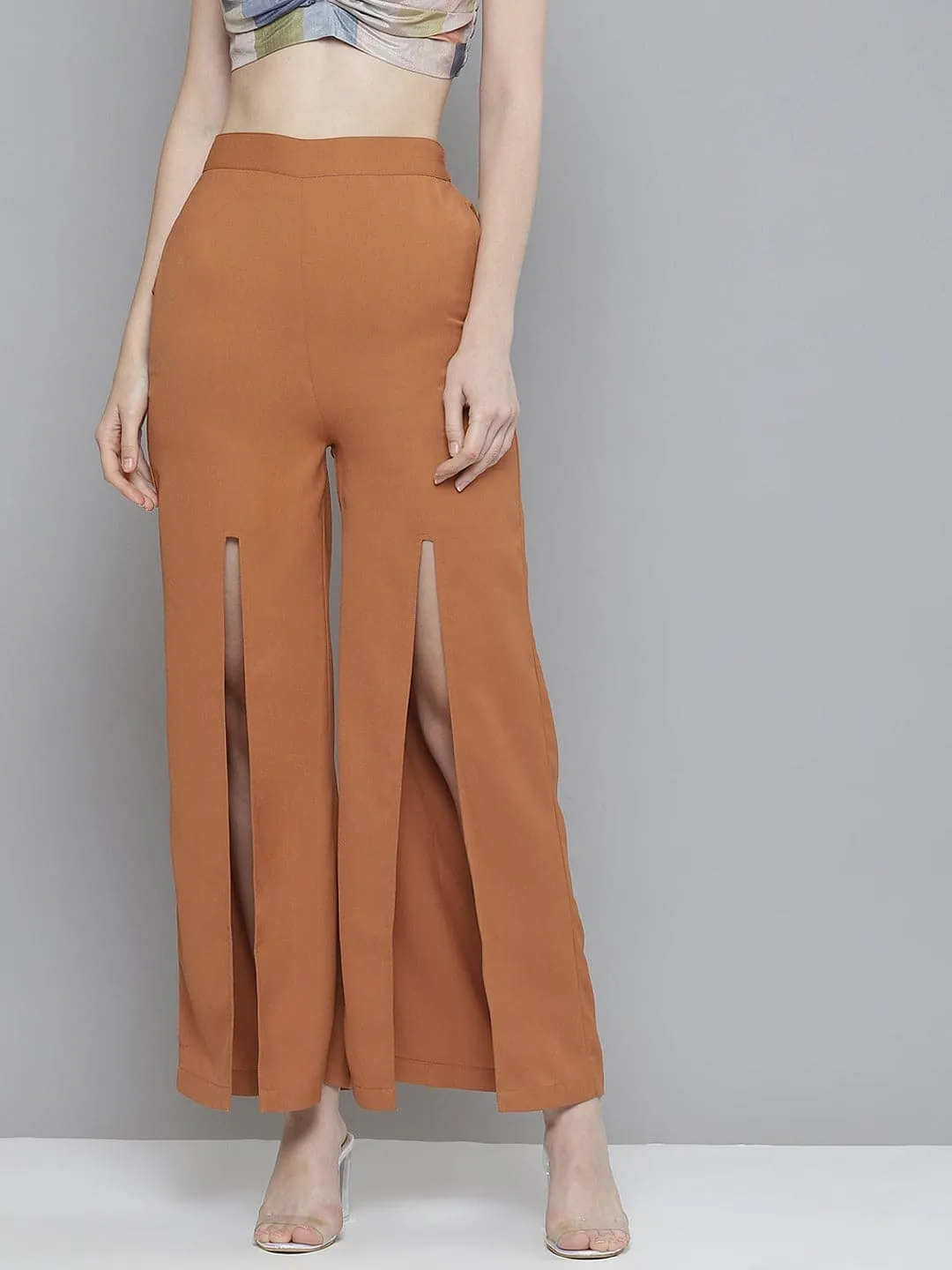 Women Rust Front Slit Wide Leg Pants