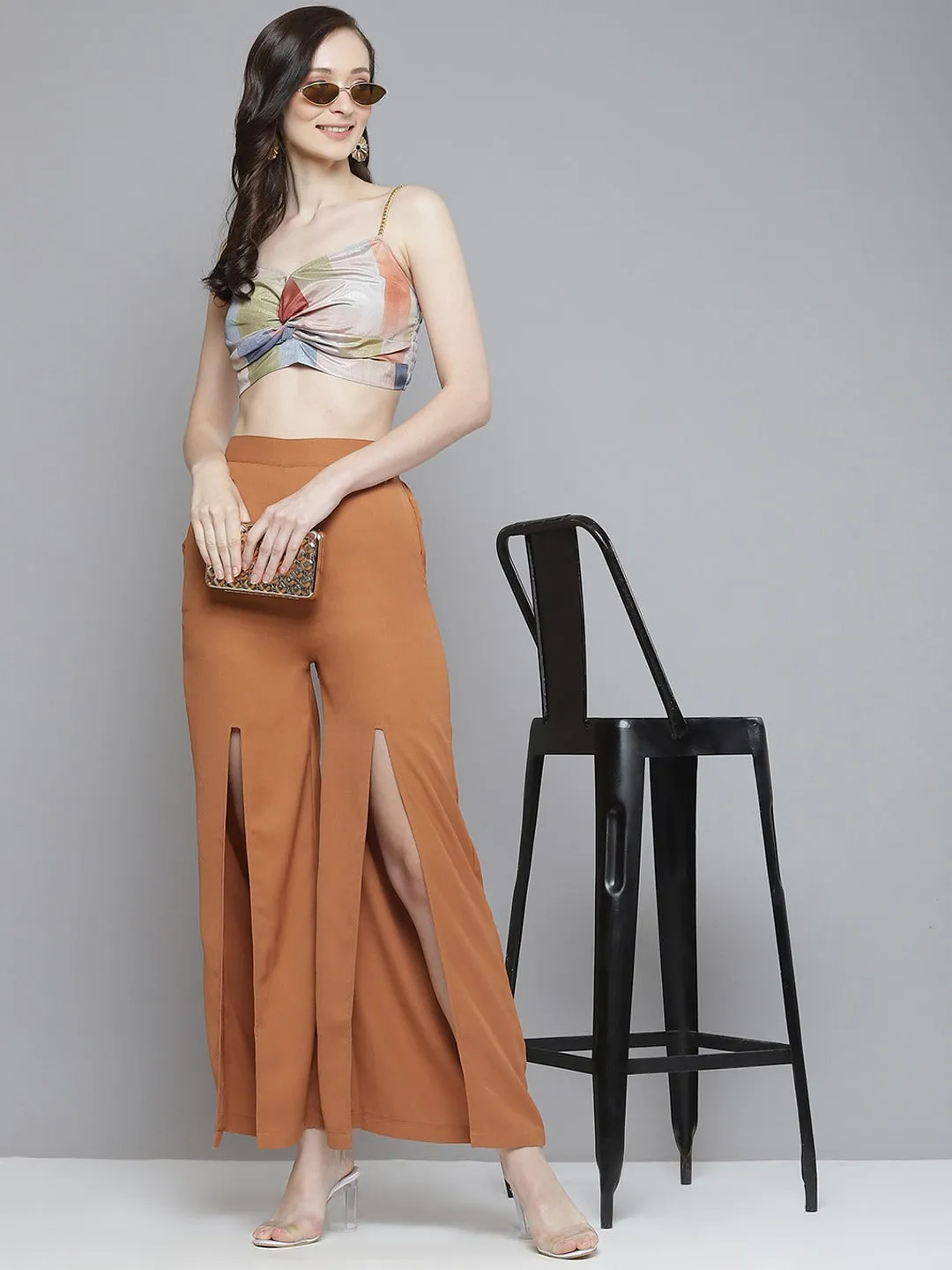 Women Rust Front Slit Wide Leg Pants