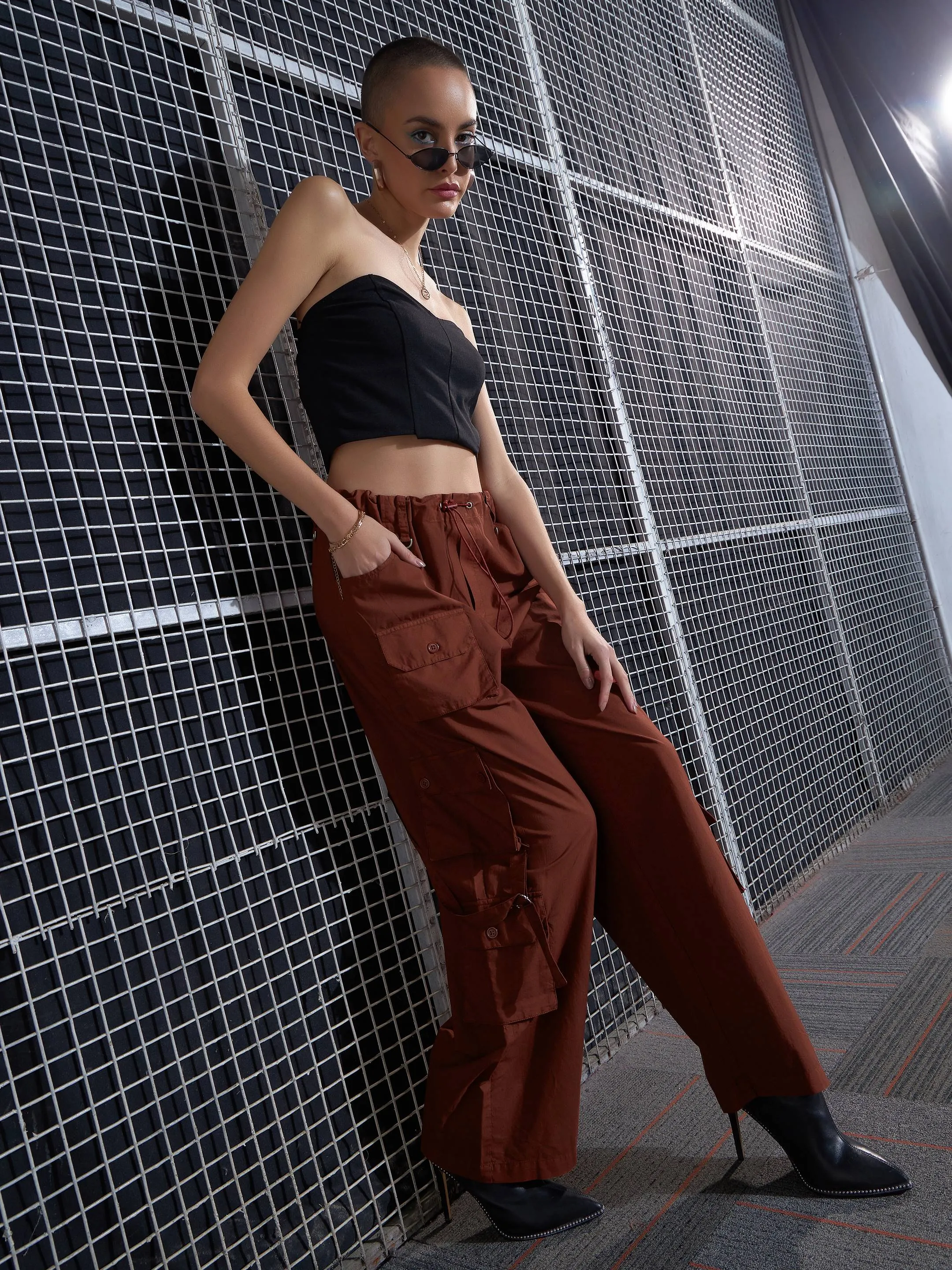 Women Rust Poplin Multi Pocket Cargo Pants