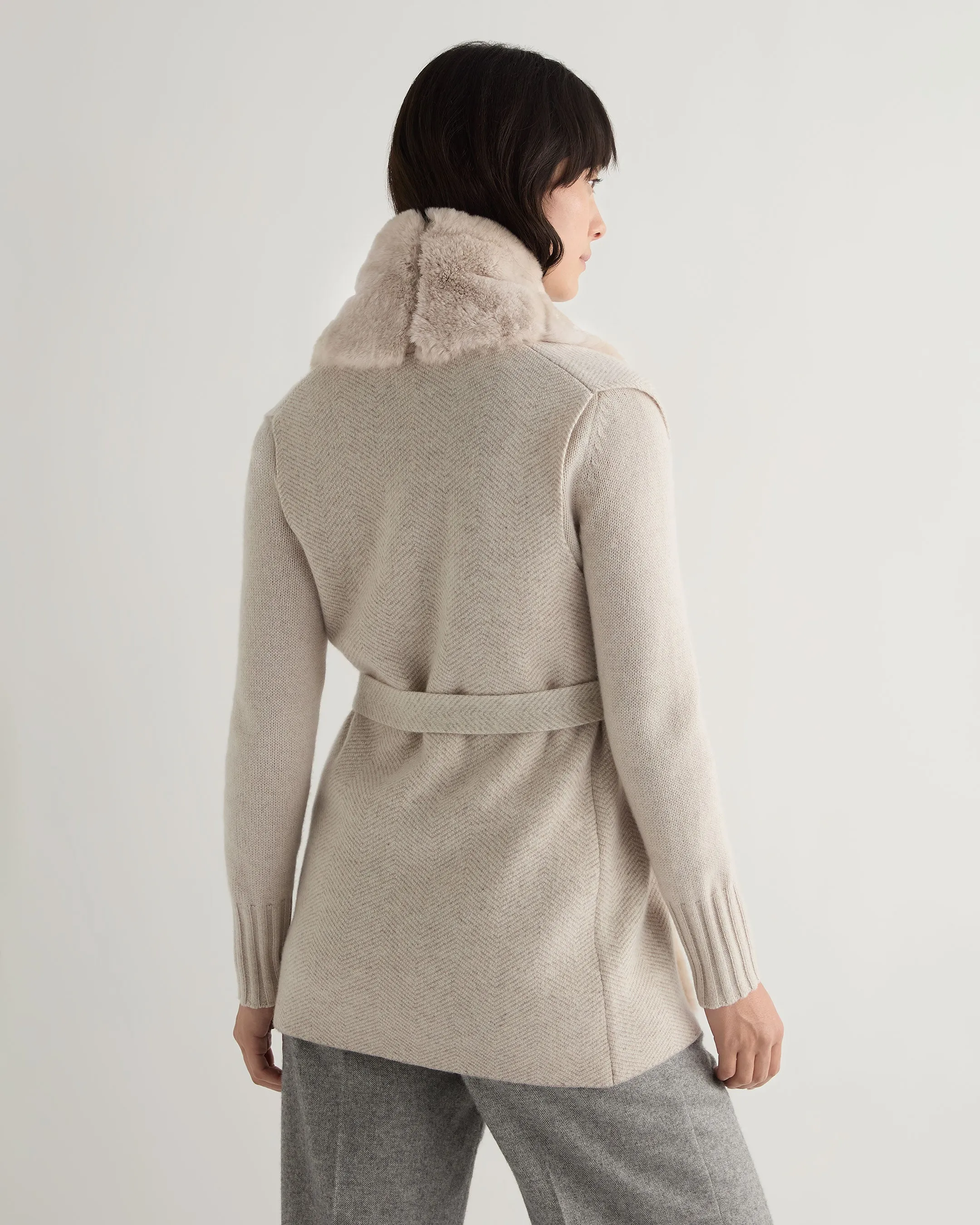 Women's Lola Herringbone Cashmere Gilet With Fur Trim Sand Brown