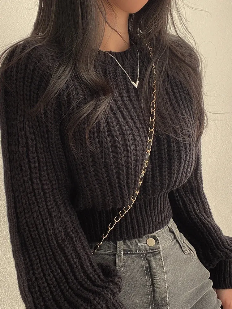 Womens Loose Vintage Long Lantern Sleeve Chic Knitted Sweater