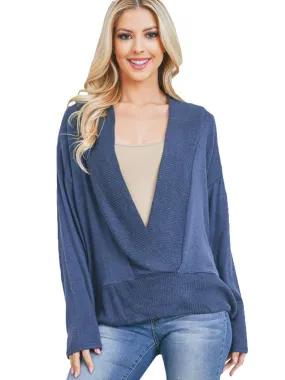 Womens Navy Blue Long Sleeve Drop Shoulder V-Neck Sweater