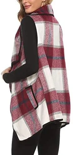 Yacun Women Buffalo Plaid Vest Lapel Open Front Cardigan Sleeveless Jacket with Pockets