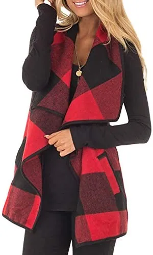 Yacun Women Buffalo Plaid Vest Lapel Open Front Cardigan Sleeveless Jacket with Pockets