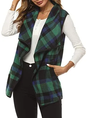 Yacun Women Buffalo Plaid Vest Lapel Open Front Cardigan Sleeveless Jacket with Pockets