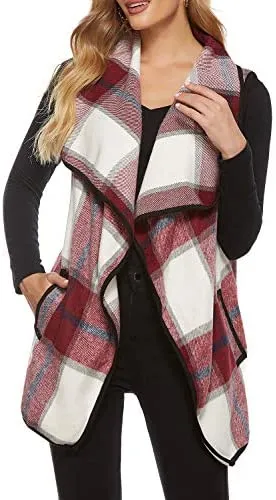 Yacun Women Buffalo Plaid Vest Lapel Open Front Cardigan Sleeveless Jacket with Pockets