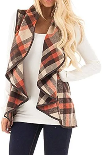 Yacun Women Buffalo Plaid Vest Lapel Open Front Cardigan Sleeveless Jacket with Pockets