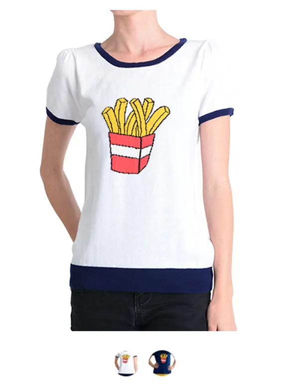 YEMAK Women's Short Sleeve Crewneck French Fries Print Casual T-Shirt Sweater MK32002 (S-L)