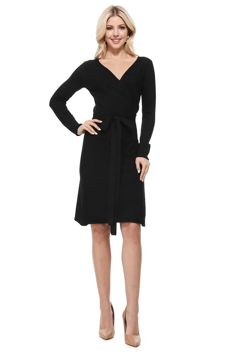 Yemak Women's V-Neck Long Sleeve Belted Wrap Sweater Dress MK6008