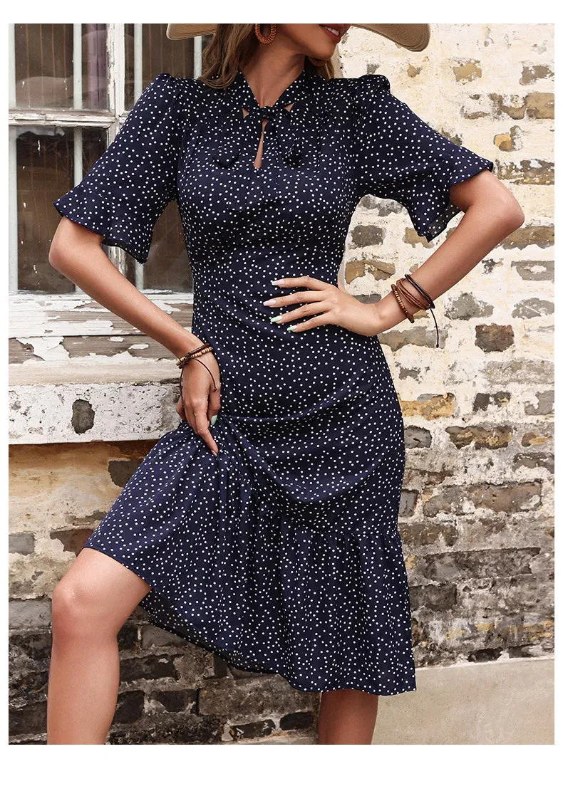 YEMOGGY Vintage Elegant Dot Summer 2024 Flowy Holiday Tie Bow Ruffle Short Sleeve Midi Dress